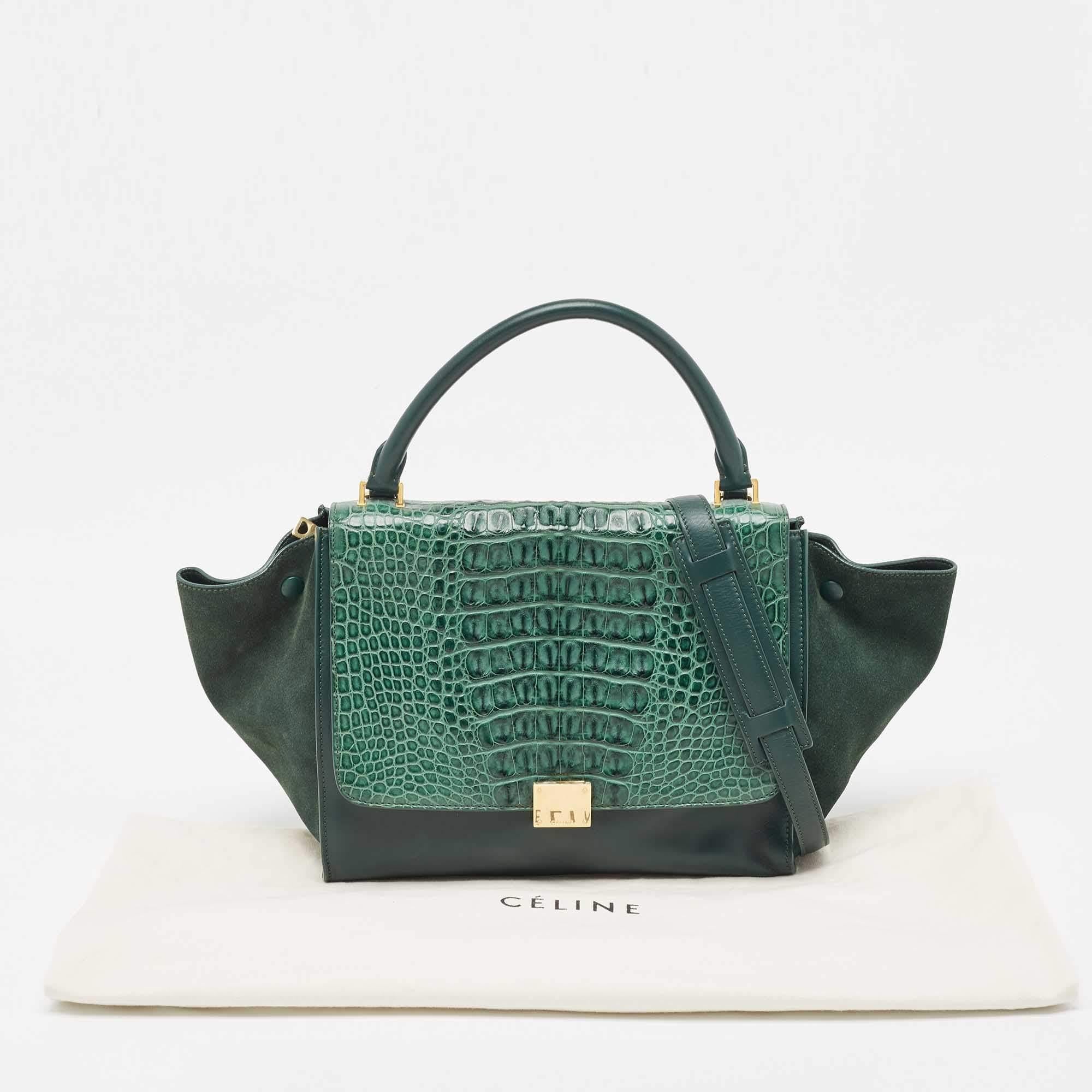 Celine Green Leather and Croc Medium Trapeze Top Handle Bag 11