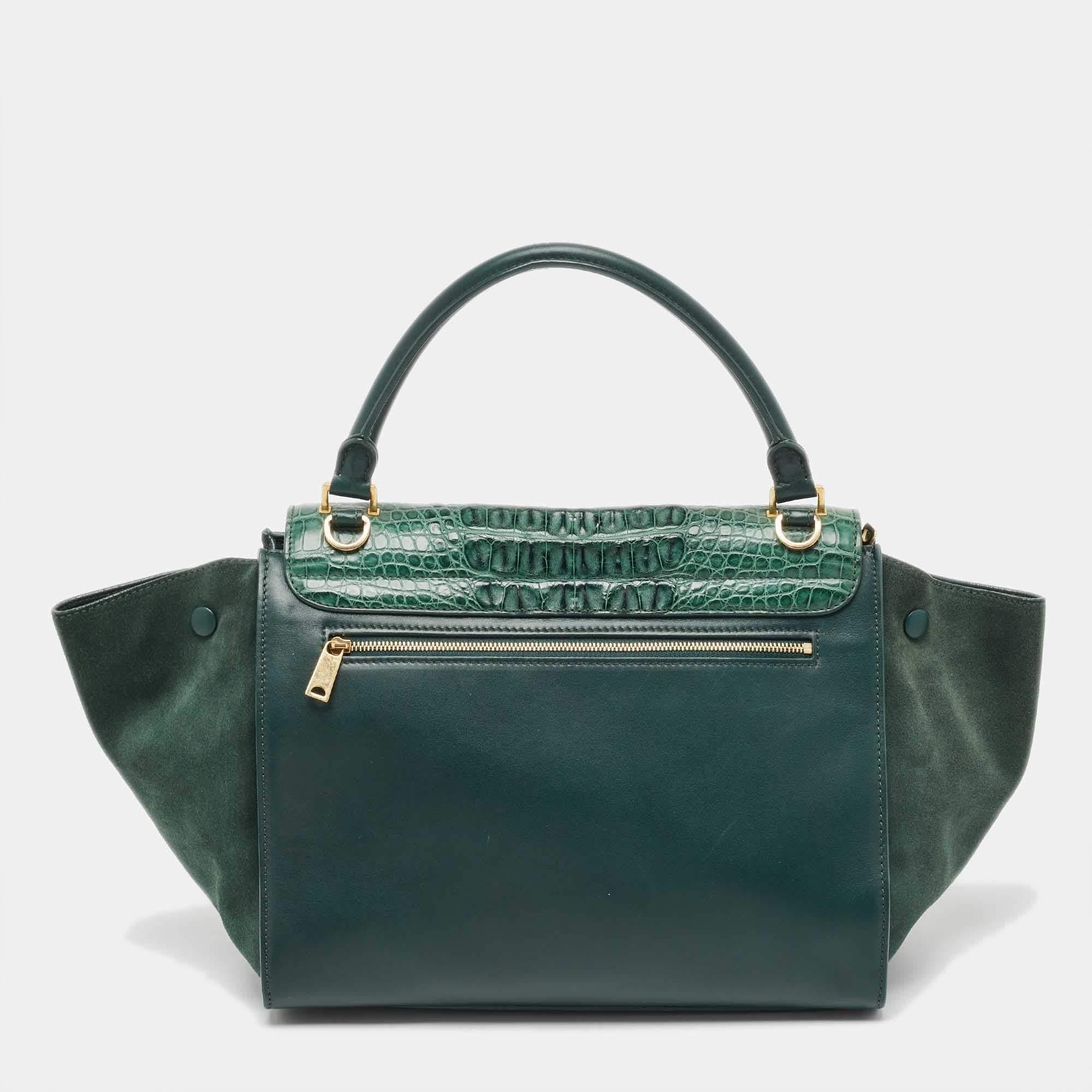 Women's Celine Green Leather and Croc Medium Trapeze Top Handle Bag