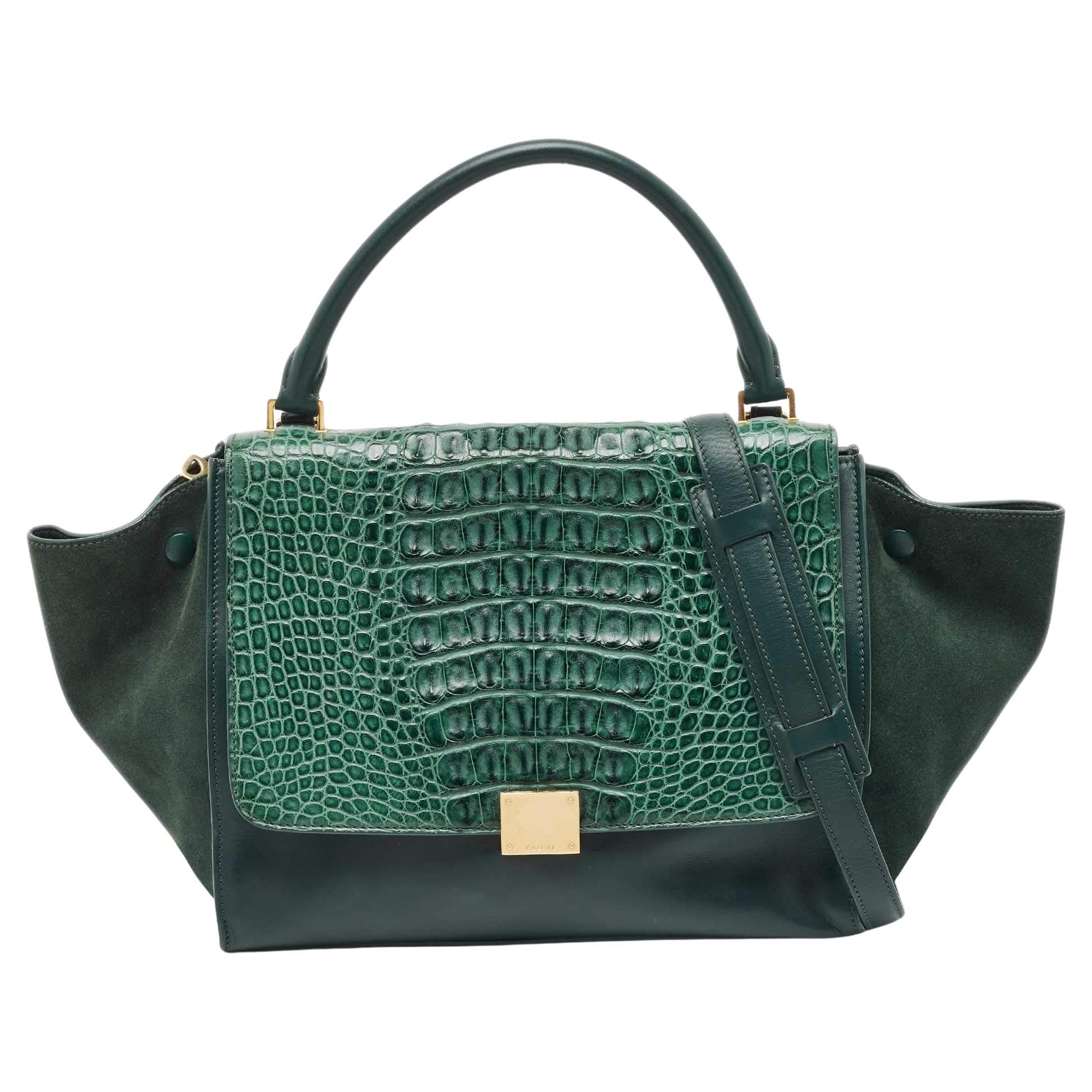 Celine Green Leather and Croc Medium Trapeze Top Handle Bag