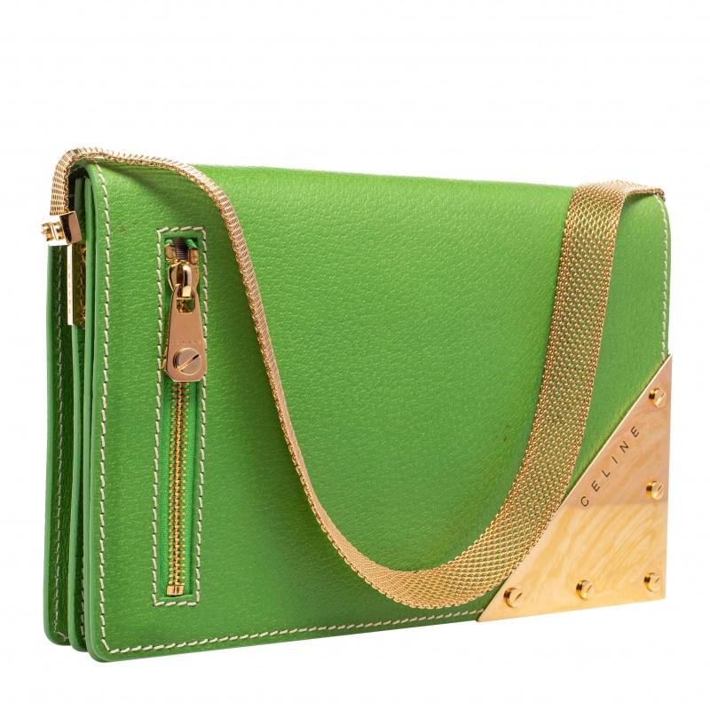 Women's Celine Green Leather Flap Clutch