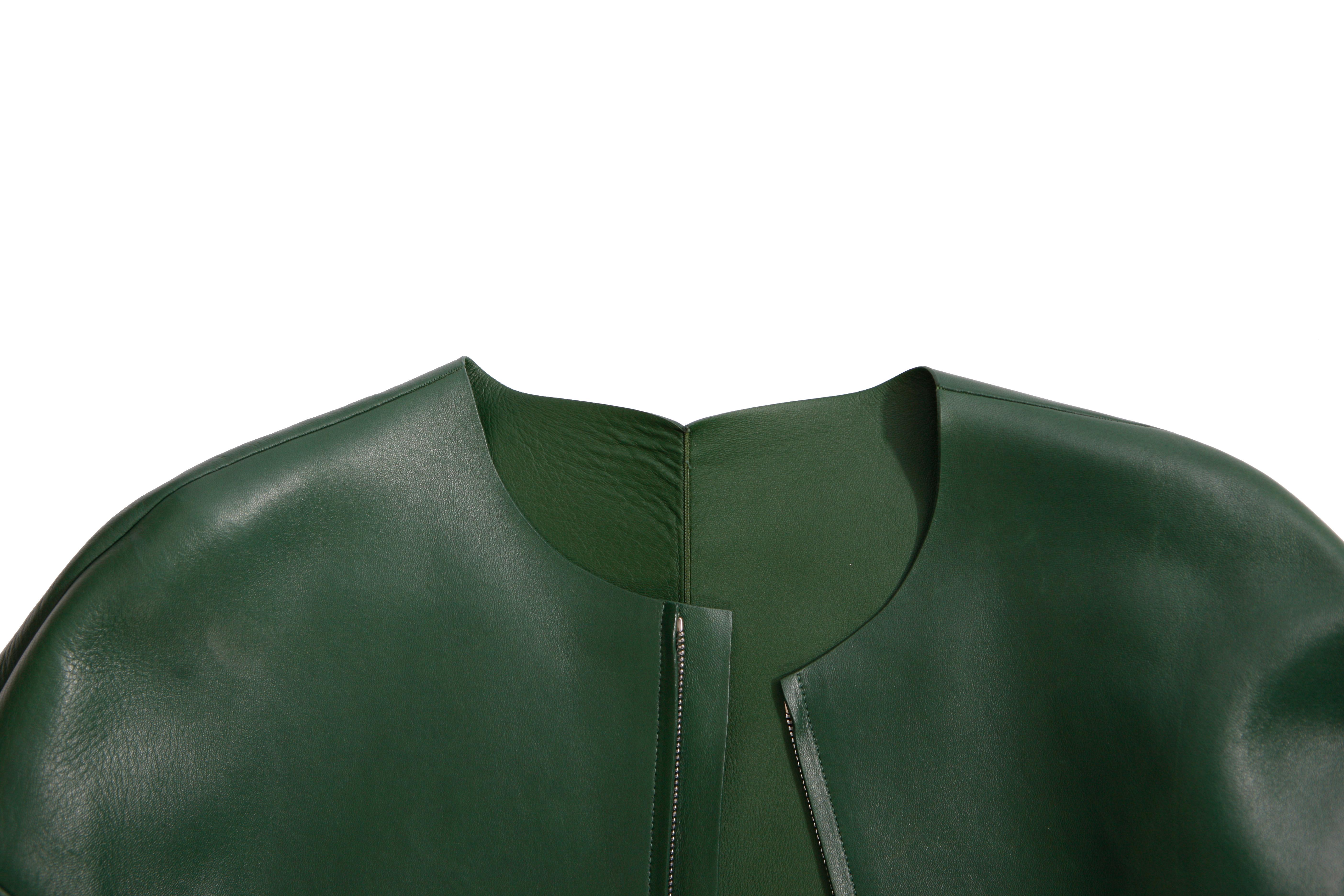 Celine, Green leather jacket with leopard ponyskin For Sale 1