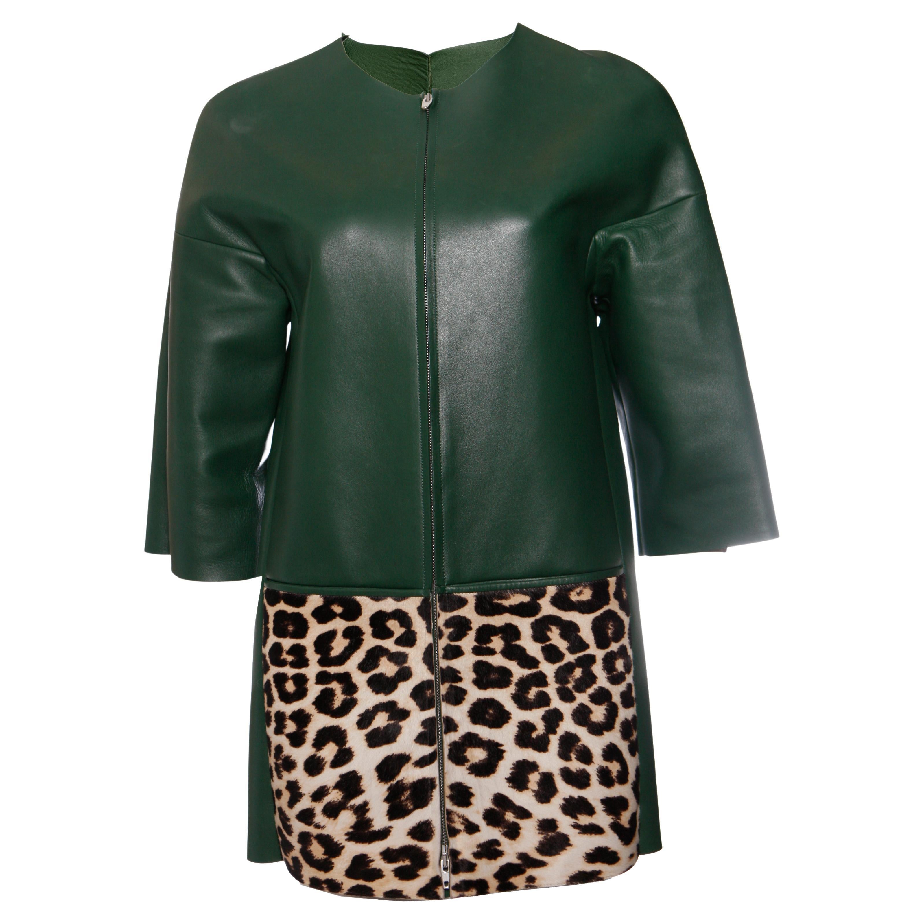 Celine, Green leather jacket with leopard ponyskin For Sale