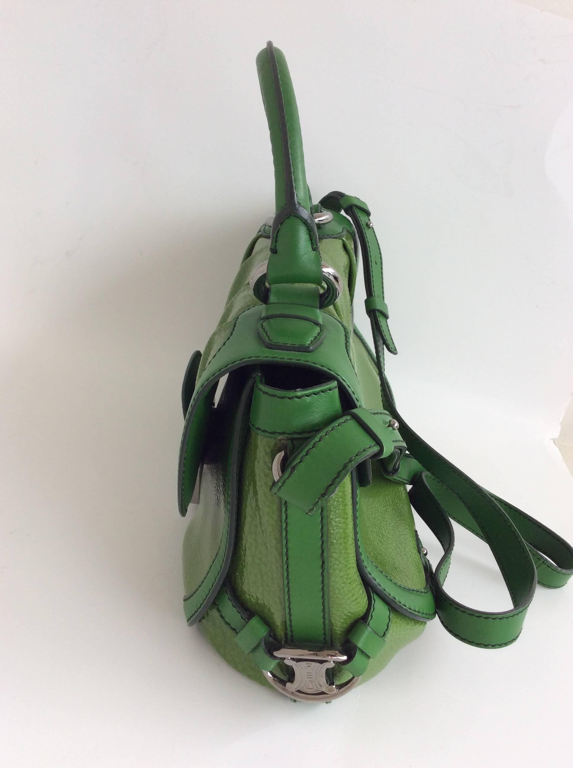 Celine Green Patent Leather Satchel with Shoulder Strap with Silver Hardware In Excellent Condition For Sale In San Francisco, CA