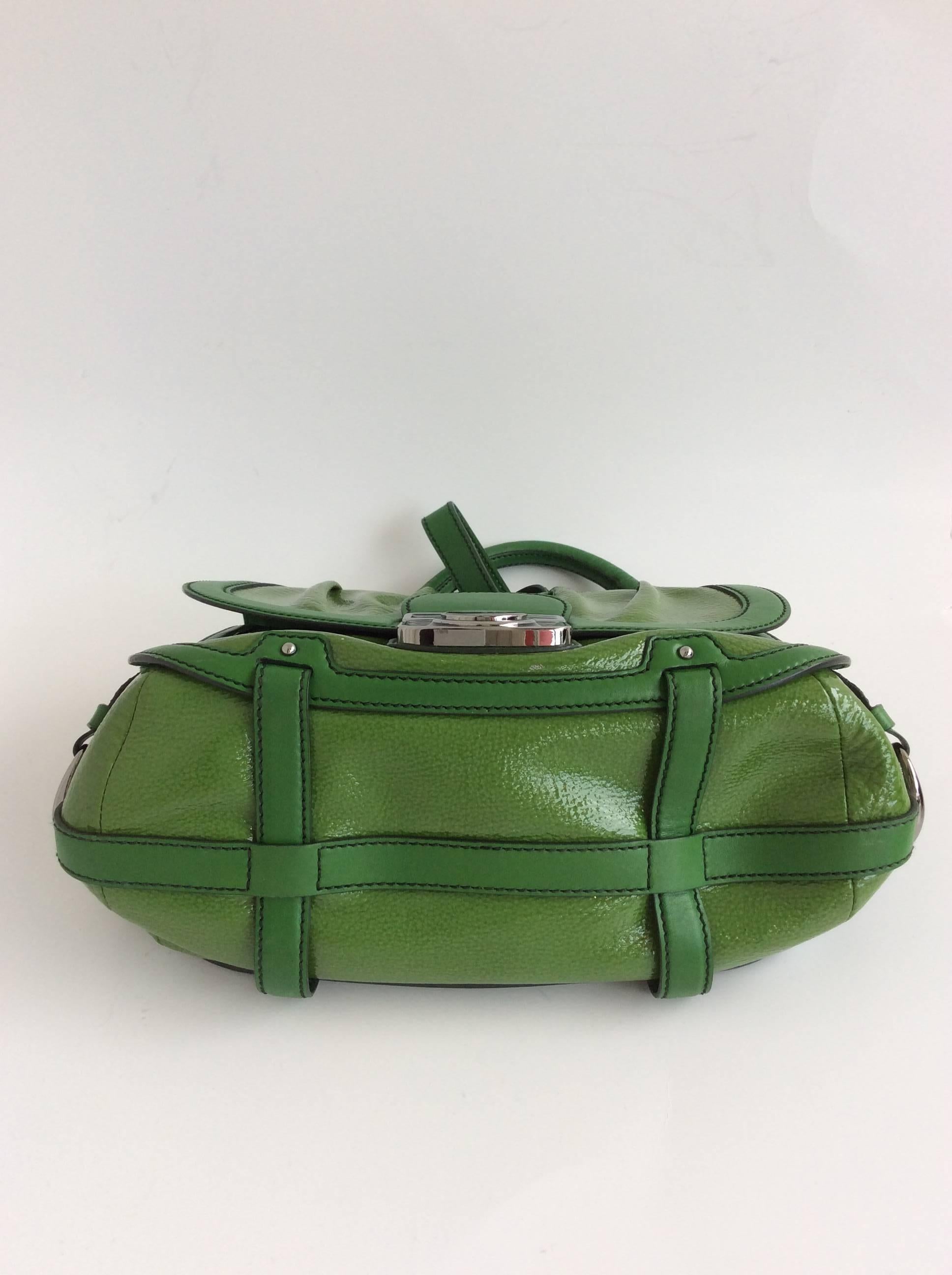 Celine Green Patent Leather Satchel with Shoulder Strap with Silver Hardware For Sale 1