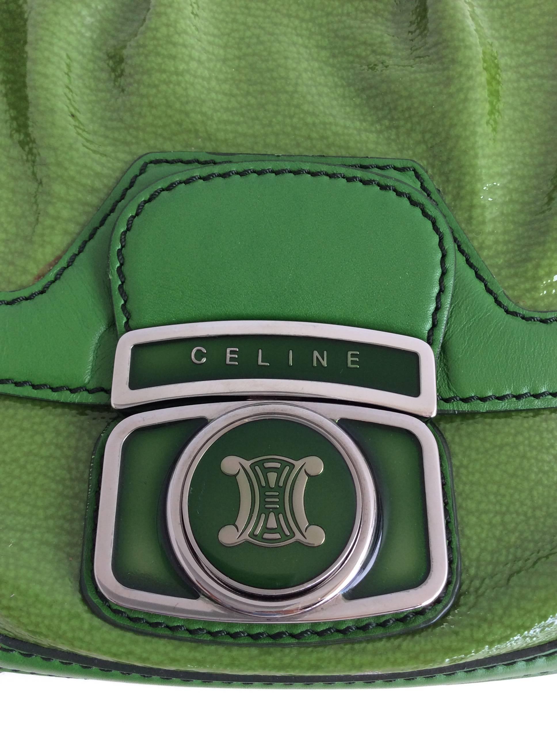 Celine Green Patent Leather Satchel with Shoulder Strap with Silver Hardware For Sale 2