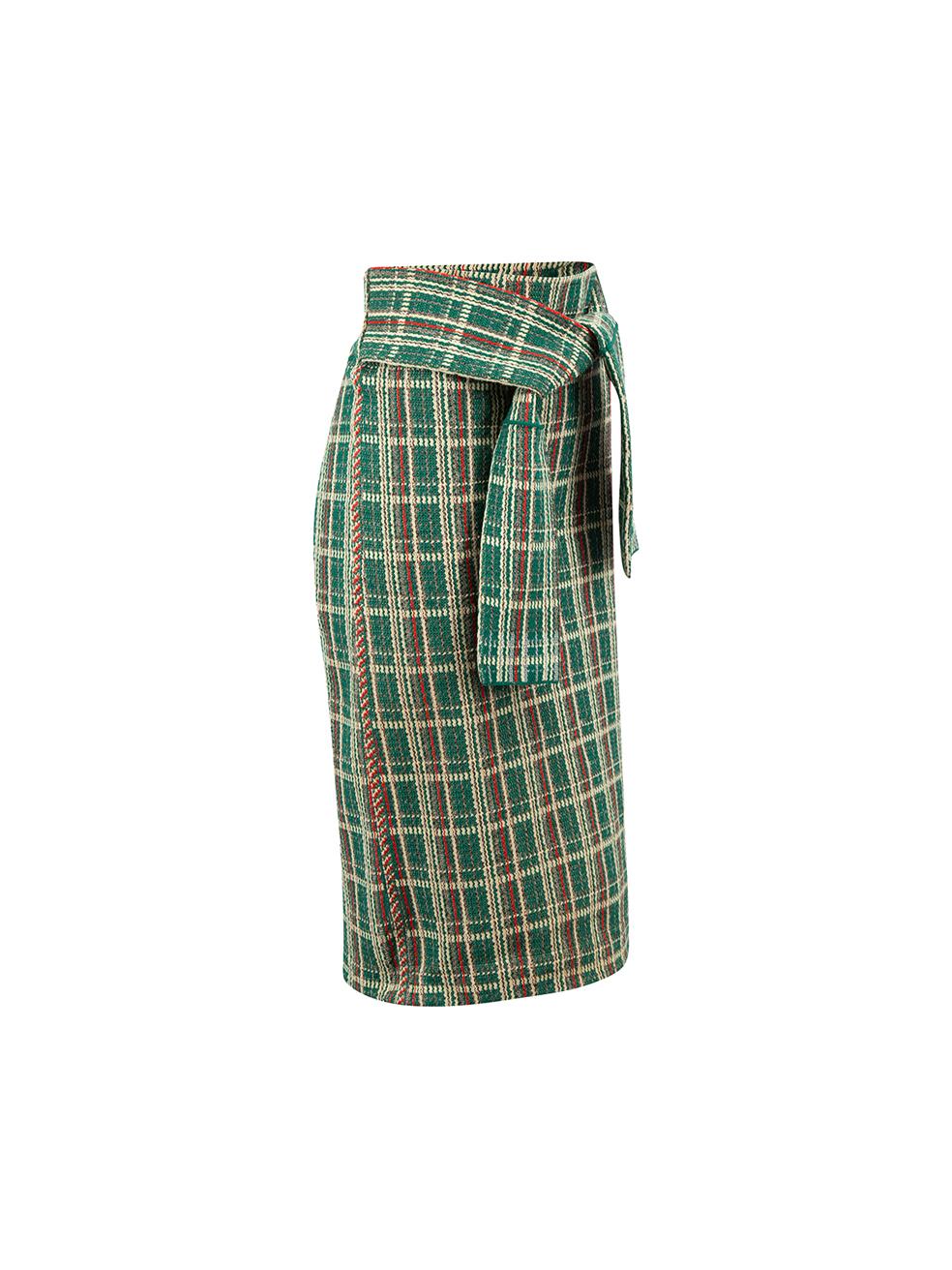 CONDITION is Very good. Minimal wear to skirt is evident. Minimal wear to internal brand label which is partially unstitched on this used Céline designer resale item.

Details
Green
Synthetic
Straight skirt
Midi
Tartan pattern
Waist tie