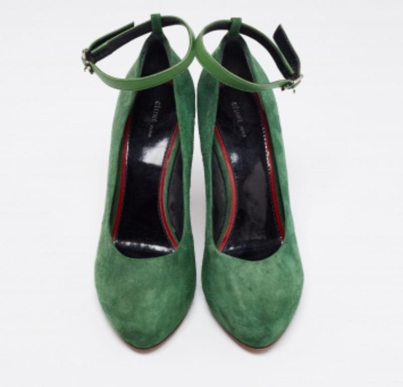 Black Celine Green Suede Wedge Ankle Strap Pumps Size 39 For Sale