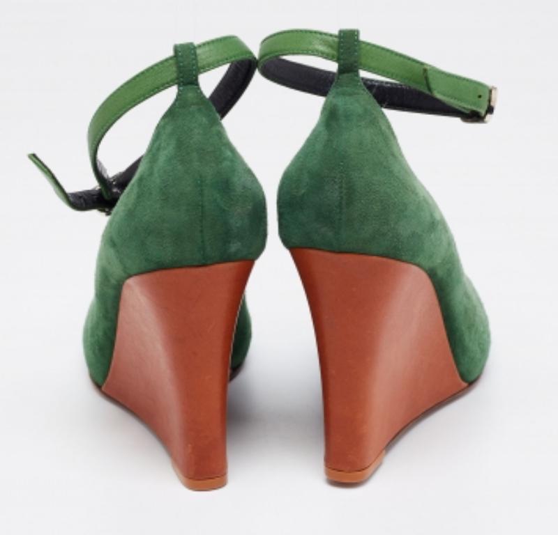 Celine Green Suede Wedge Ankle Strap Pumps Size 39 For Sale 1