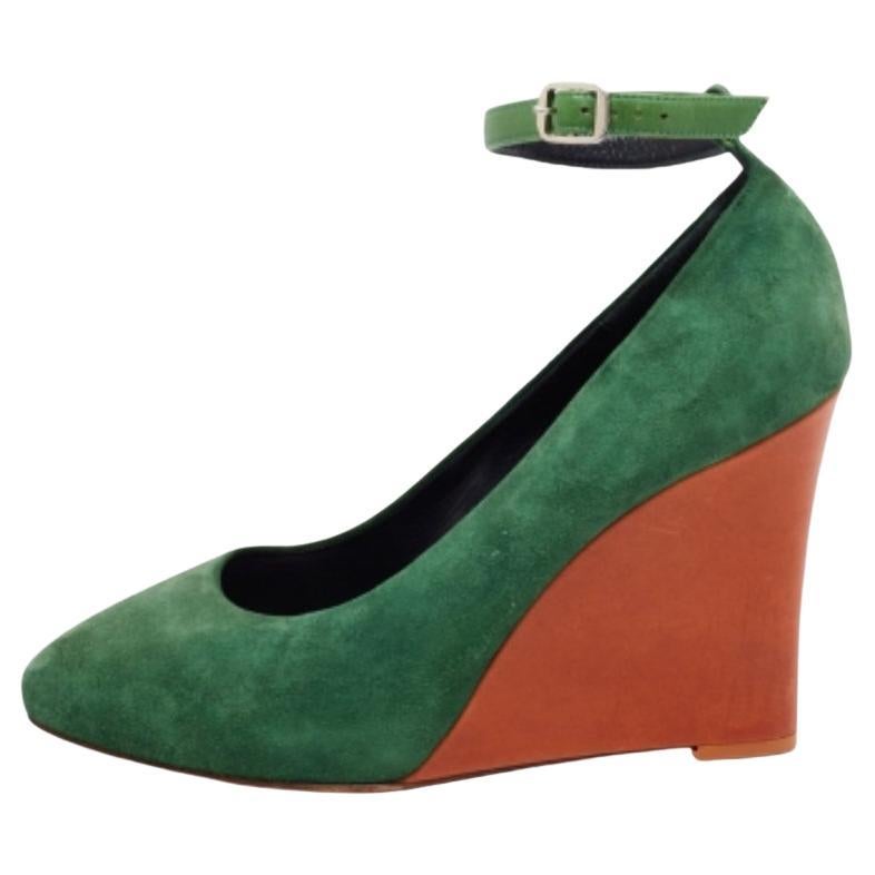 Celine Green Suede Wedge Ankle Strap Pumps Size 39 For Sale