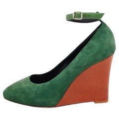 Celine Green Suede Wedge Ankle Strap Pumps Size 39