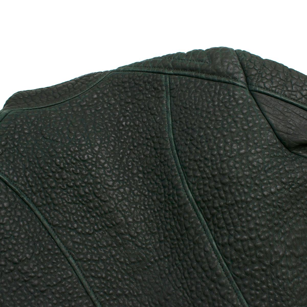Black Celine Green Textured Lambskin Biker Jacket - Size US 6