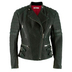 Celine Green Textured Lambskin Biker Jacket - Size US 6