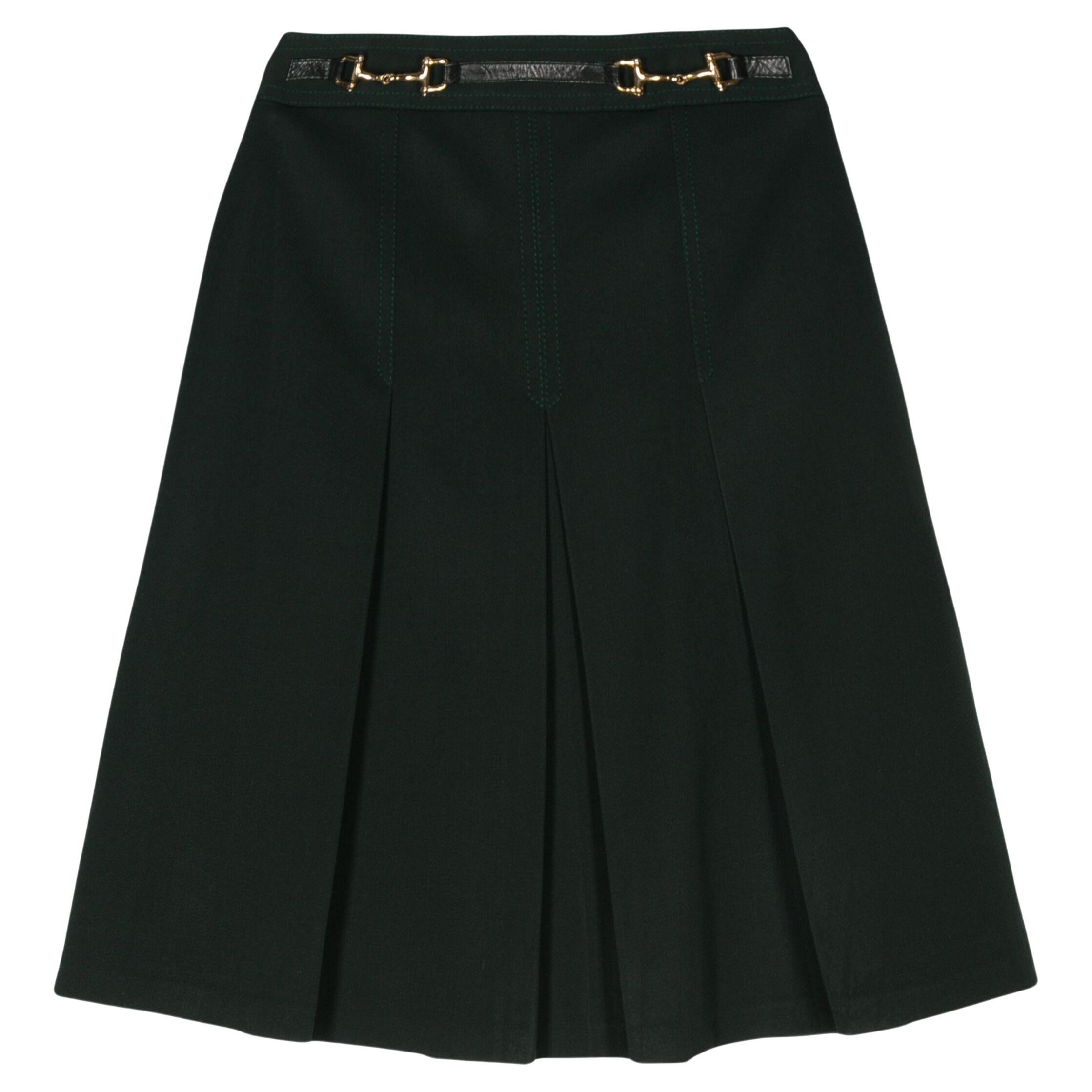 Celine Green Wool Horsebit Pleated Skirt For Sale