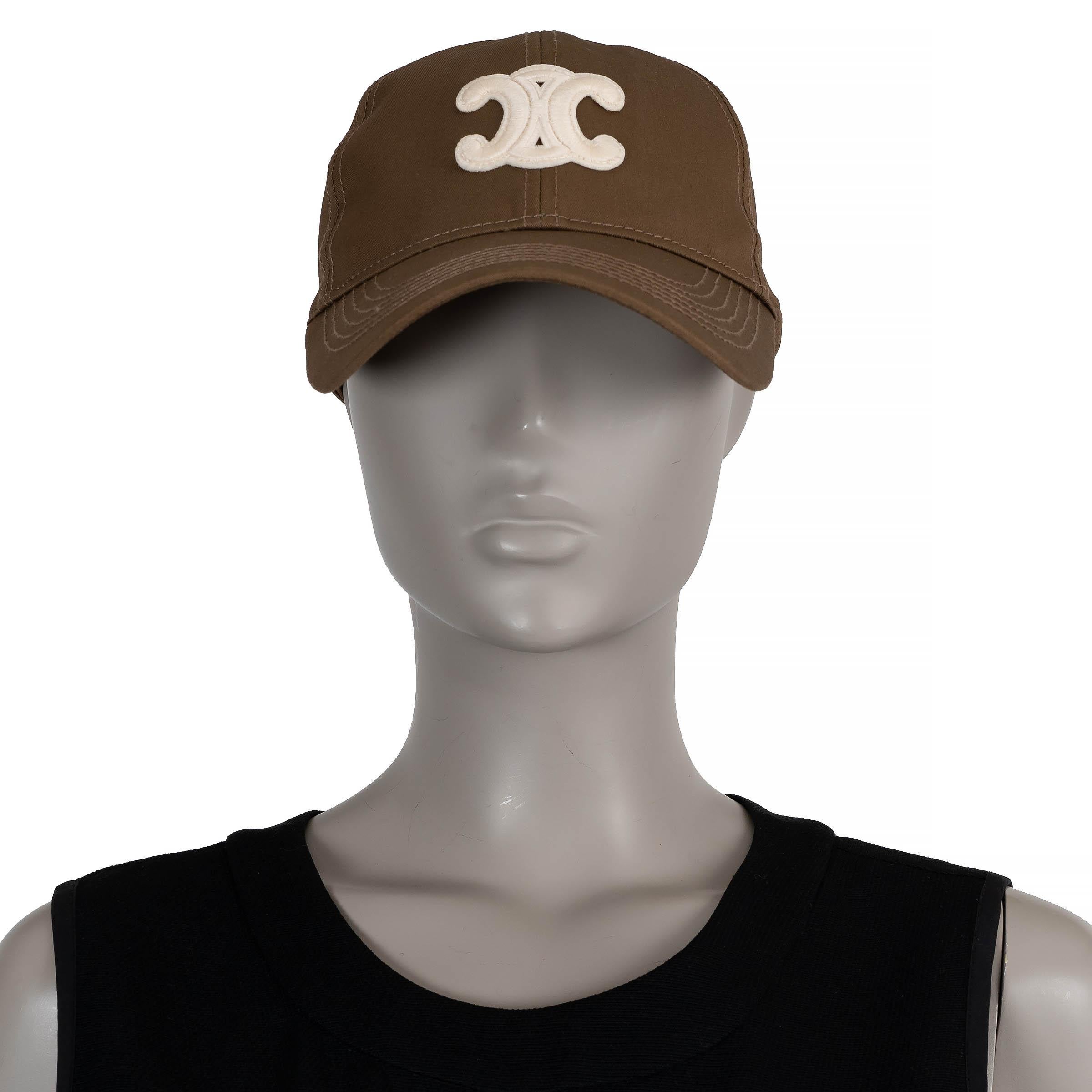 This 100% authentic Celine baseball cap in Greige (taupe) gabardine cotton offers a chic, casual style. It features a white Triomphe patch on the front for a signature touch and an adjustable strap for a comfortable, custom fit. A stylish accessory