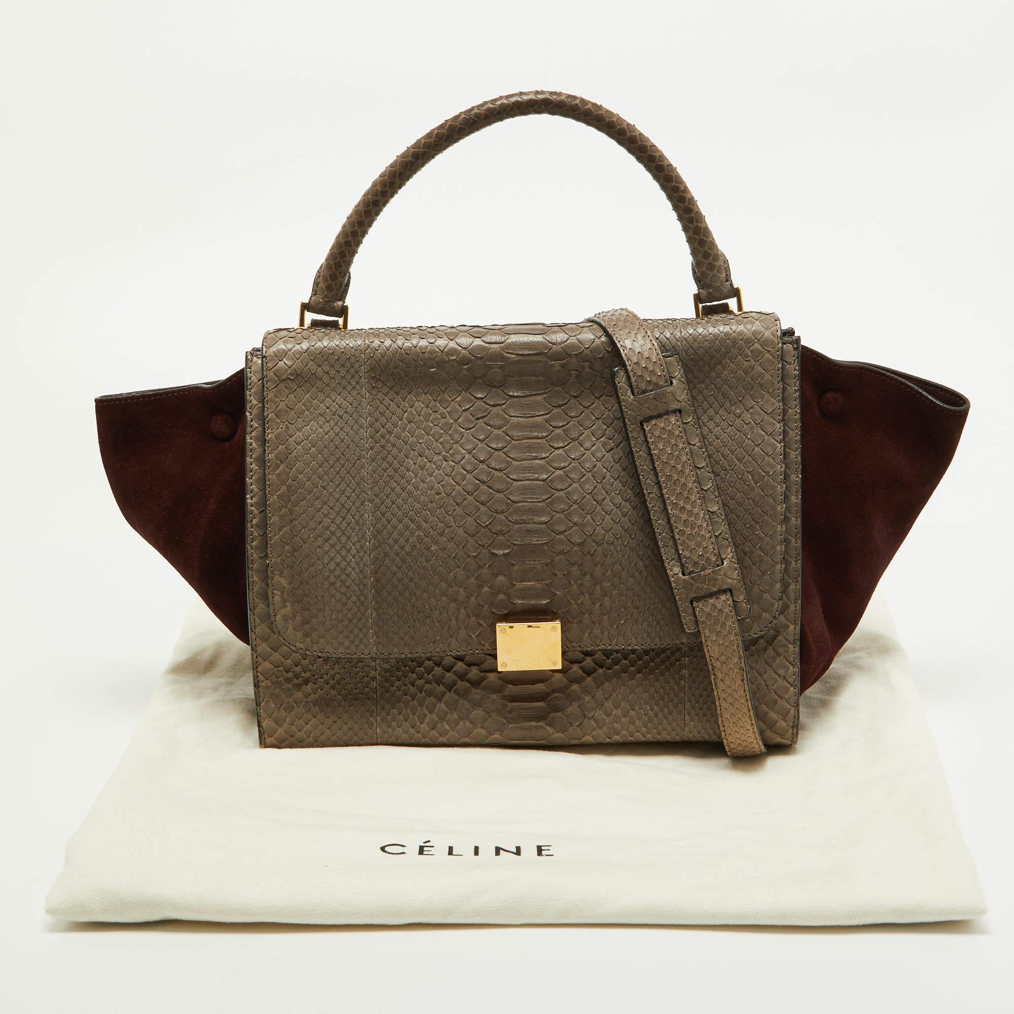 Celine Grey/Burgundy Python and Suede Medium Trapeze Bag For Sale 11