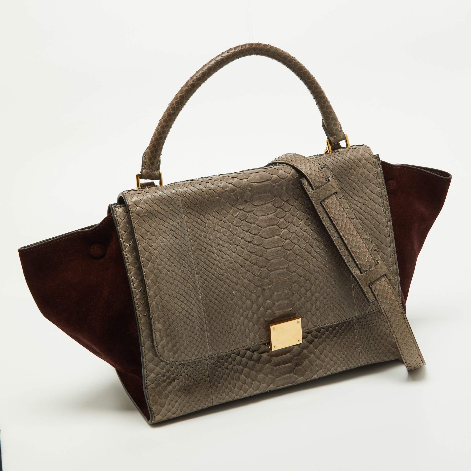 Celine Grey/Burgundy Python and Suede Medium Trapeze Bag For Sale 1