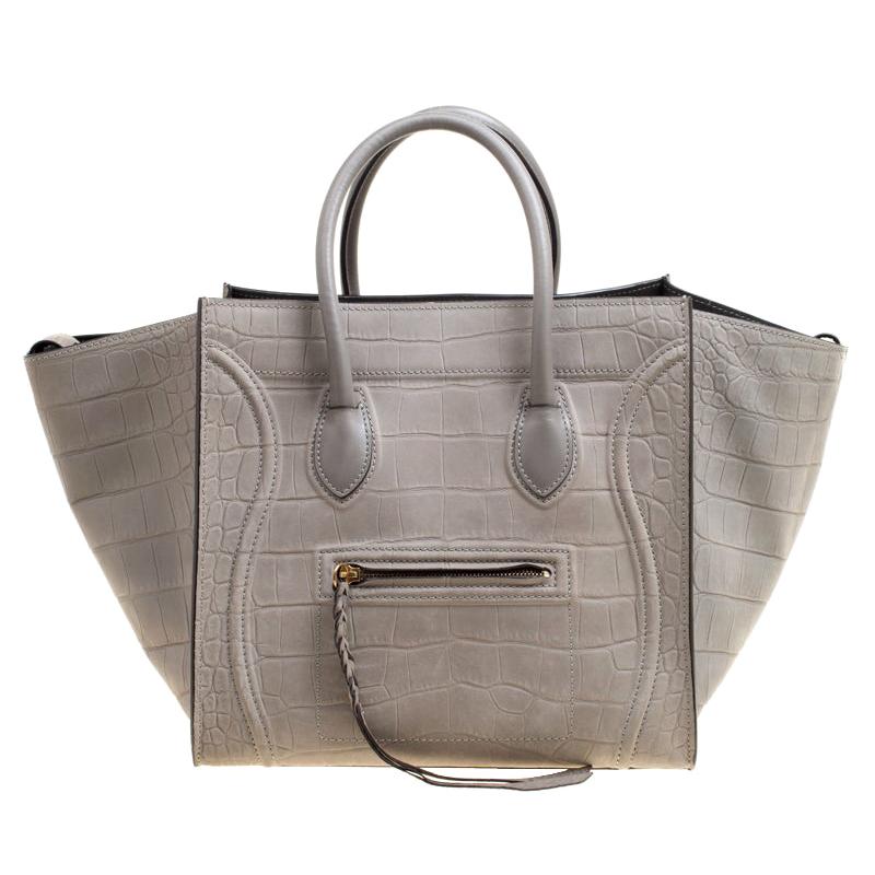 Celine Grey Croc Embossed Leather Small Phantom Luggage Tote For Sale ...
