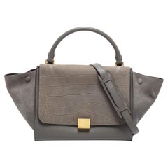 Celine Grey Croc Embossed Leather, Suede and Leather Medium Trapeze Bag