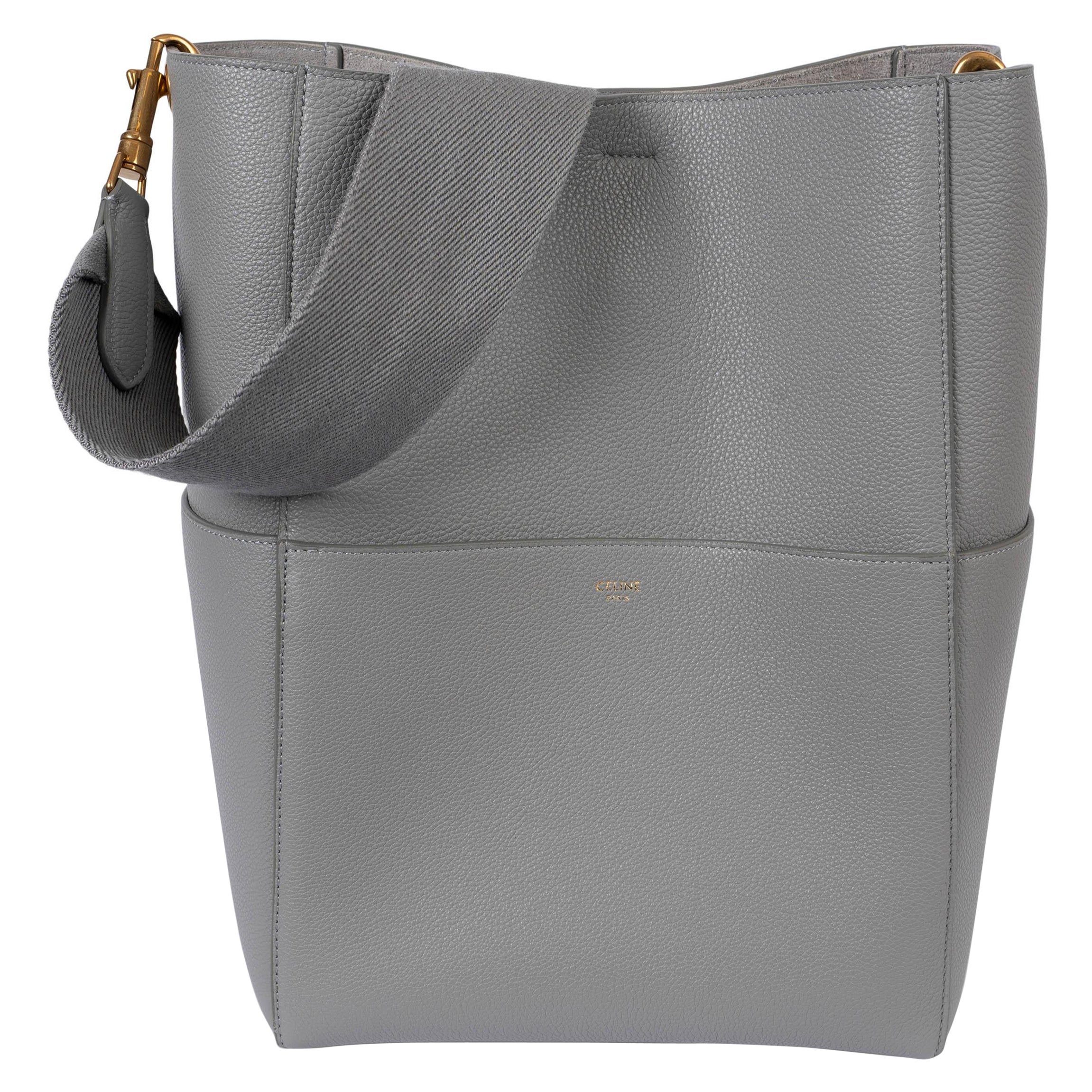 CELINE grey grained leather SANGLE LARGE Bucket Shoulder Bag