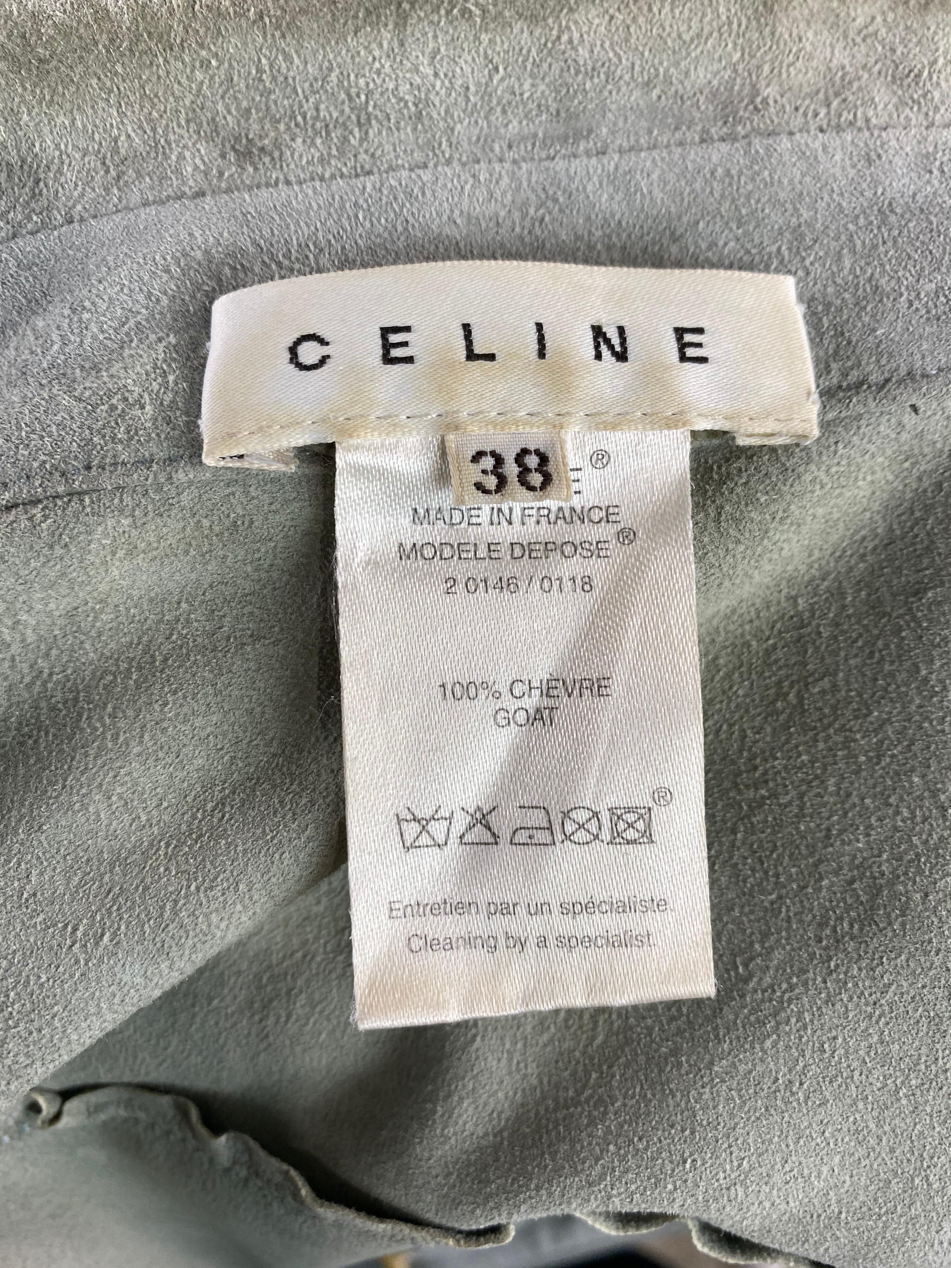 Celine Grau Grün Oliv Wildleder Button-Down Shirt Top Größe 38 im Angebot 2