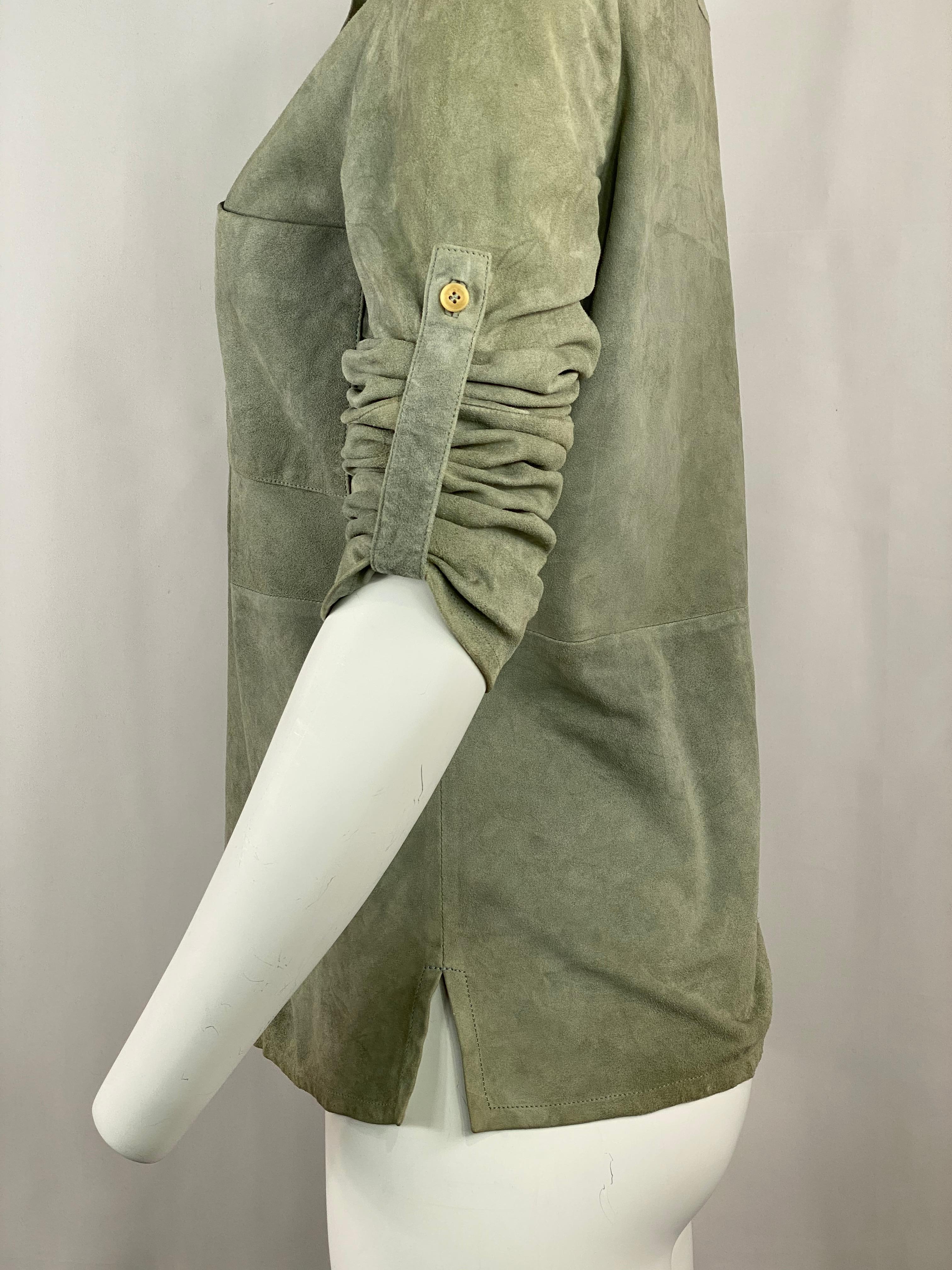 Celine Grey Green Olive Suede Button-Down Shirt Top Size 38 For Sale 1