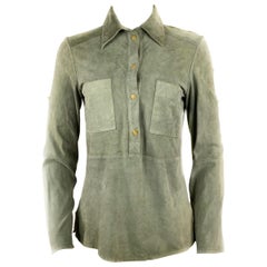 Retro Celine Grey Green Olive Suede Button-Down Shirt Top Size 38