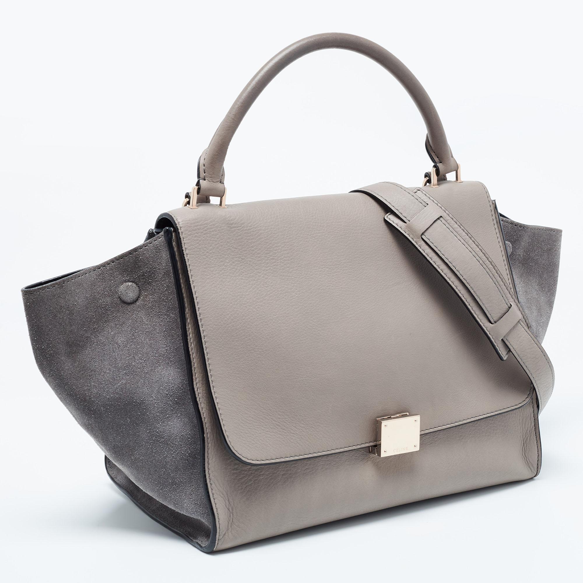 Celine Grey Leather and Suede Medium Trapeze Bag In Good Condition For Sale In Dubai, Al Qouz 2