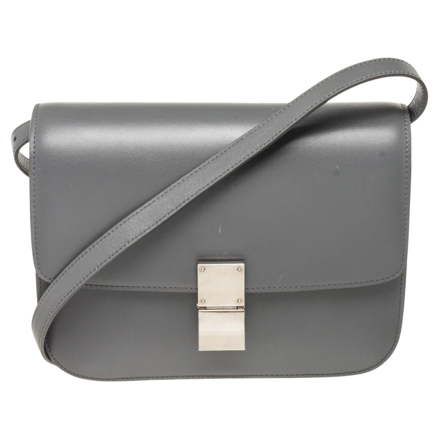 Celine Grey Leather Classic Medium Shoulder Bag with leather For Sale