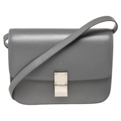 Celine Grey Leather Classic Medium Shoulder Bag with leather