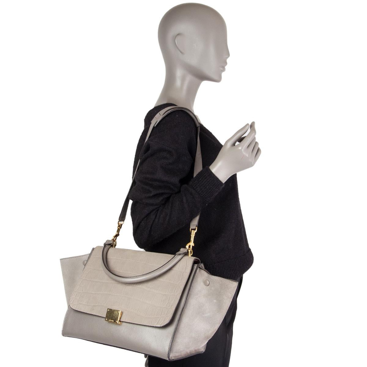 CELINE grey leather & Crocodile Stamped suede TRAPEZE SMALL Shoulder Bag 2