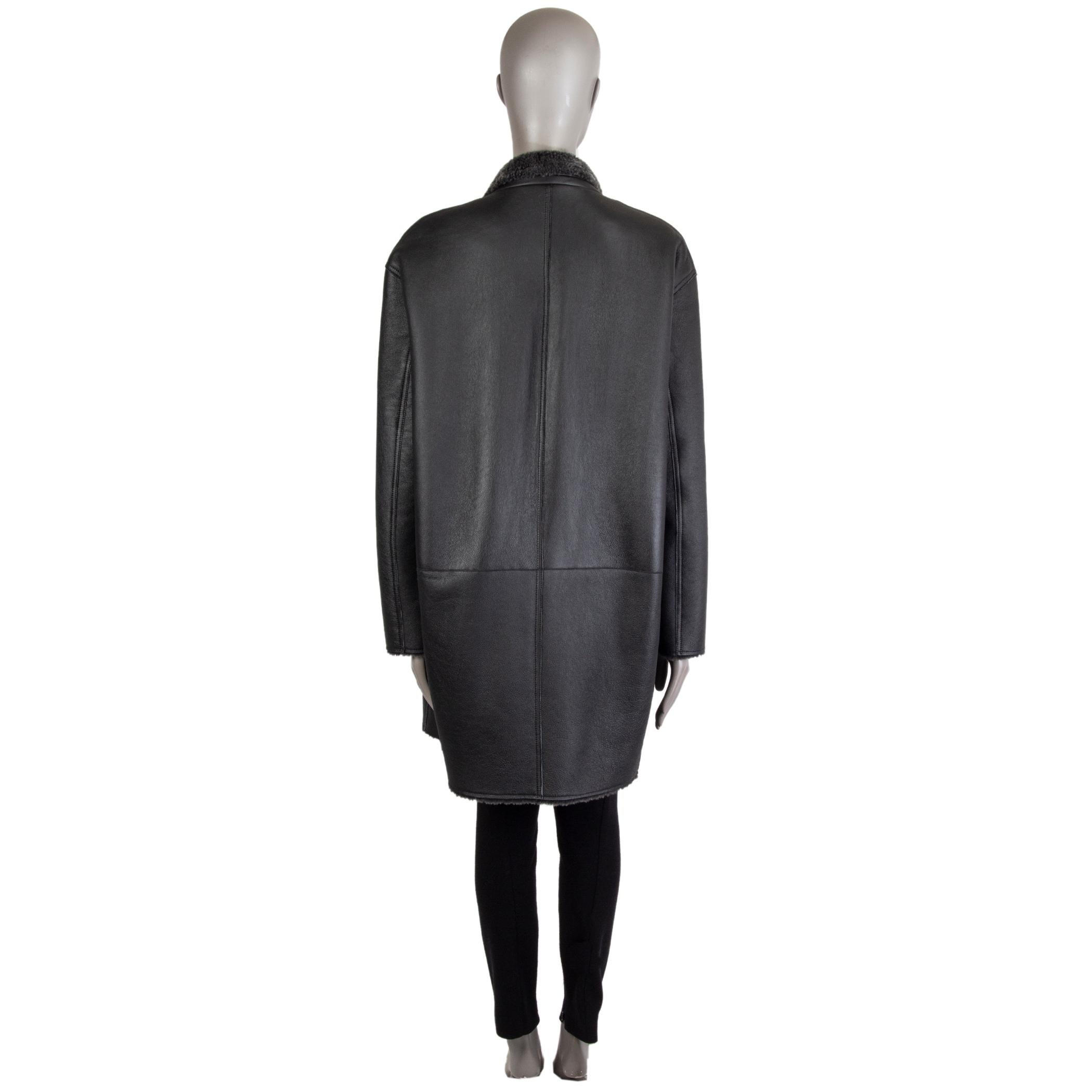 Black CELINE grey REVERSIBLE LEATHER & SHEARLING OPEN Coat Jacket 42 L