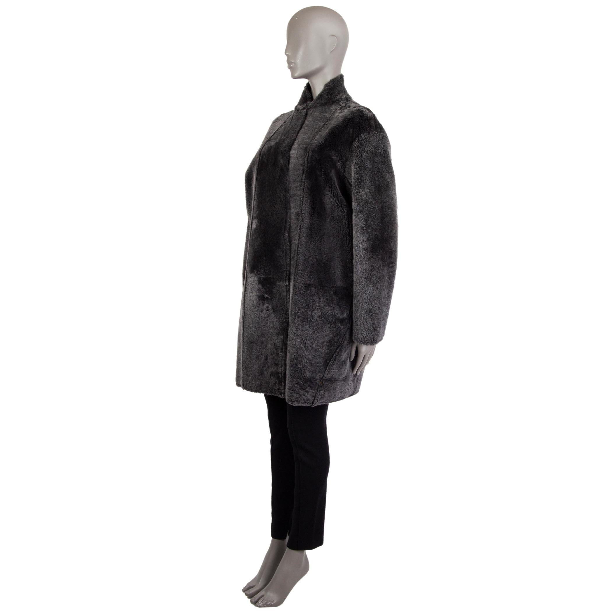 CELINE grey REVERSIBLE LEATHER & SHEARLING OPEN Coat Jacket 42 L 1