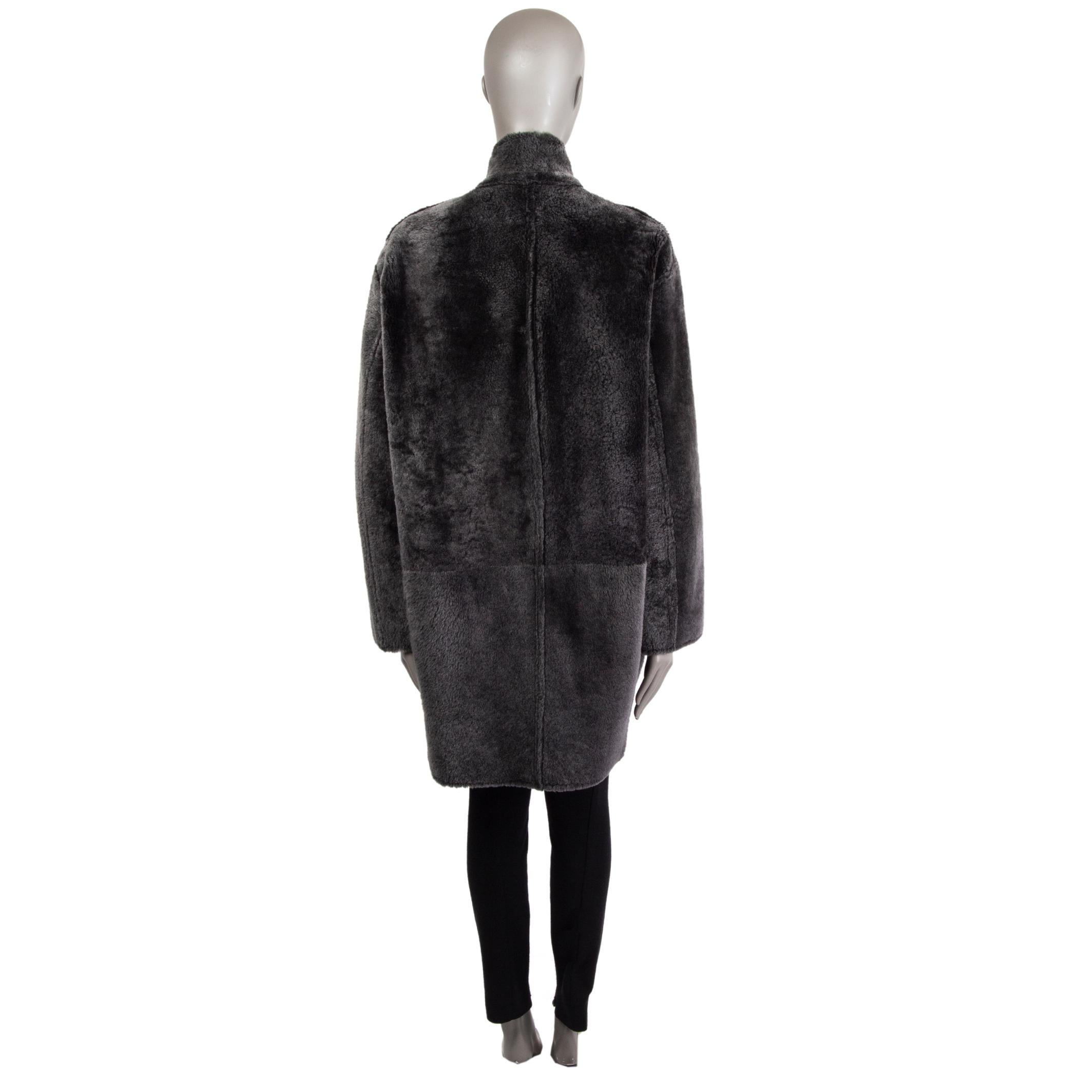 CELINE grey REVERSIBLE LEATHER & SHEARLING OPEN Coat Jacket 42 L 2