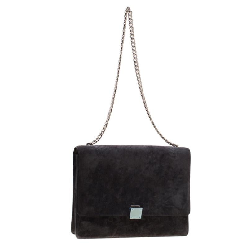 Black Celine Grey Suede and Leather Large Case Chain Flap Shoulder Bag