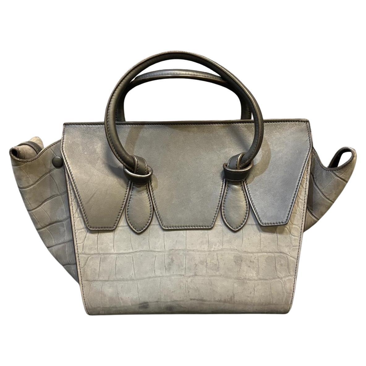 Celine Grey Suede Croc-Embossed Tie Tote For Sale