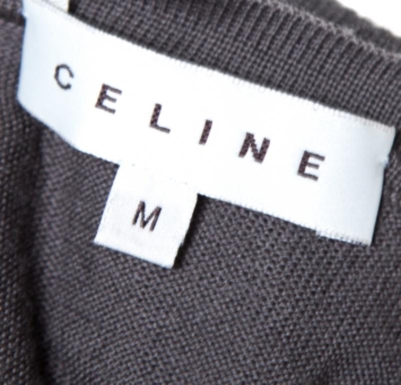 Celine Gris Lana Ruffled Asymmetric Neckline Detail Button Front Cardigan M Negro en venta