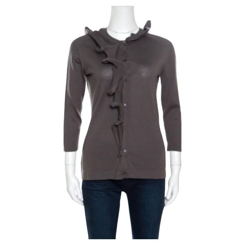 Celine Gris Lana Ruffled Asymmetric Neckline Detail Button Front Cardigan M en venta
