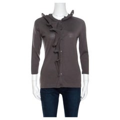 Celine Grey Wool Ruffled Asymmetric Neckline Detail Button Front Cardigan M