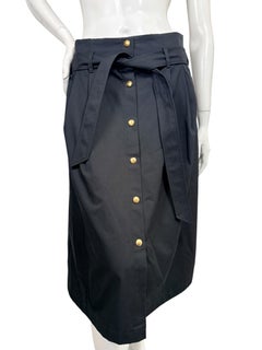 Celine Hedi Slimane Black Cotton Gold Button Belted Midi Skirt FR 38 NWT