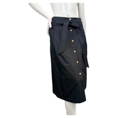 Celine Hedi Slimane Black Cotton Gold Button Belted Midi Skirt FR 38 NWT