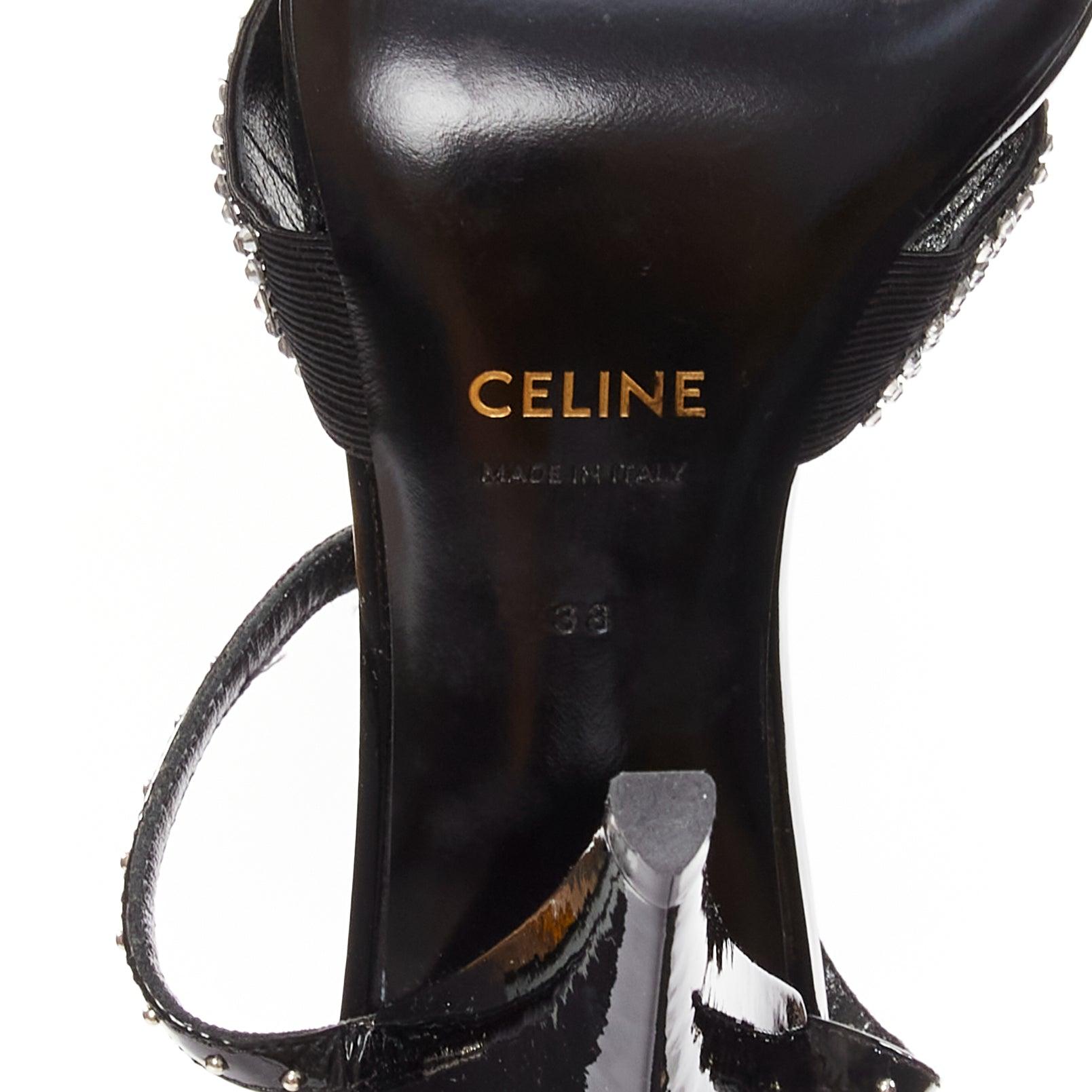 CELINE Hedi Slimane black patent leather silver crystals sandal heels EU38 For Sale 5