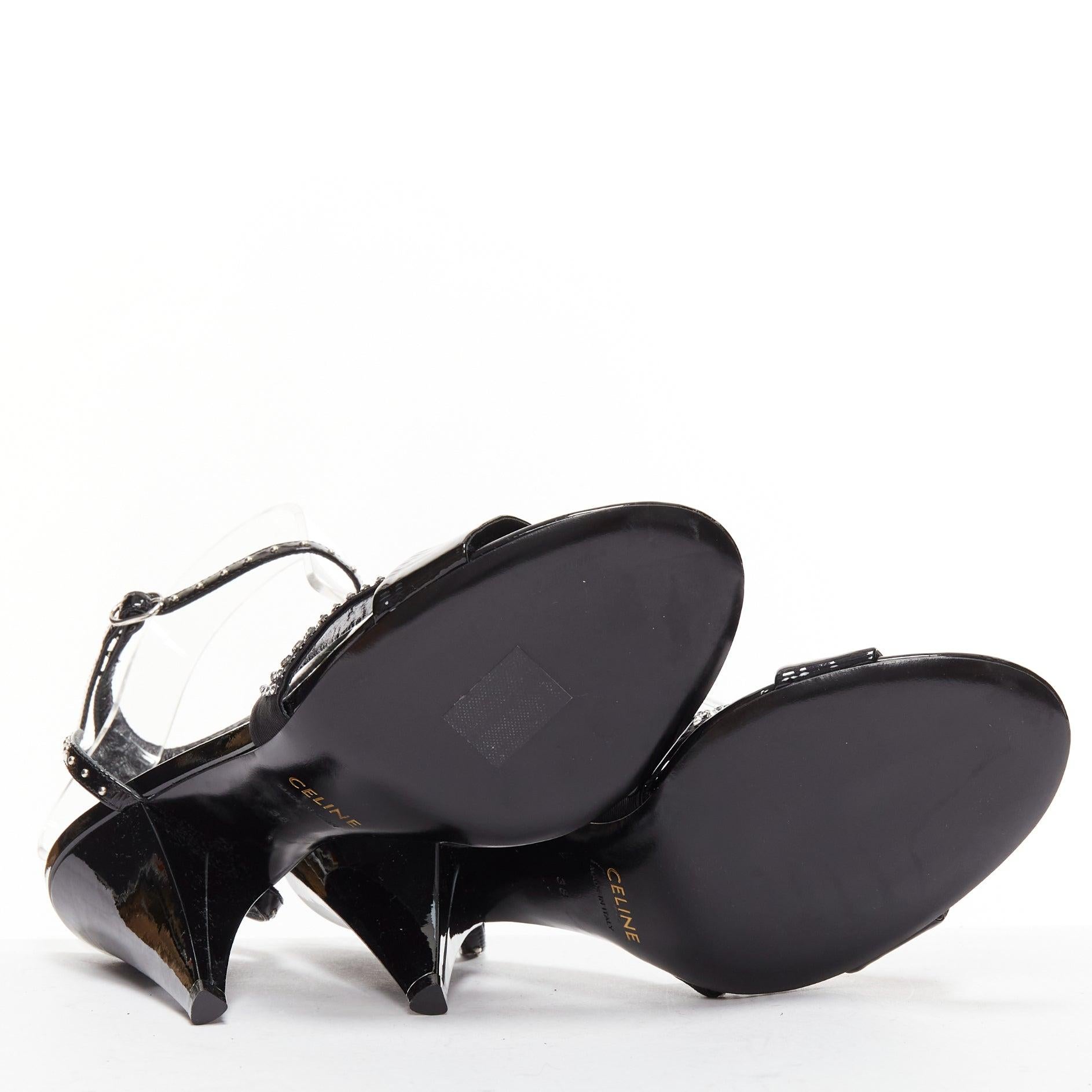 CELINE Hedi Slimane black patent leather silver crystals sandal heels EU38 For Sale 6