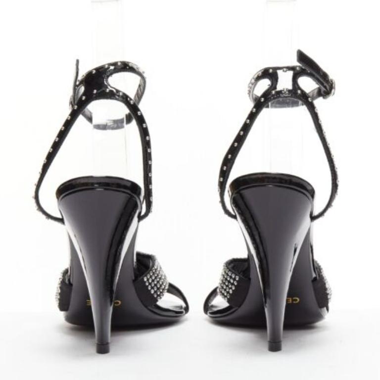 Women's CELINE Hedi Slimane black patent leather silver crystals sandal heels EU38 For Sale