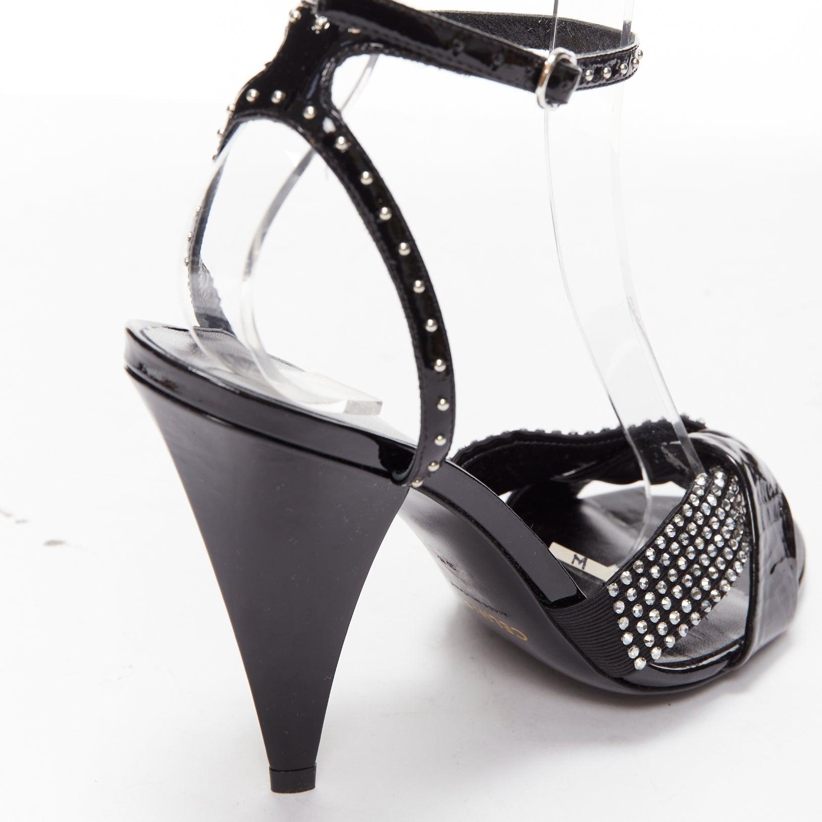 CELINE Hedi Slimane black patent leather silver crystals sandal heels EU38 For Sale 3