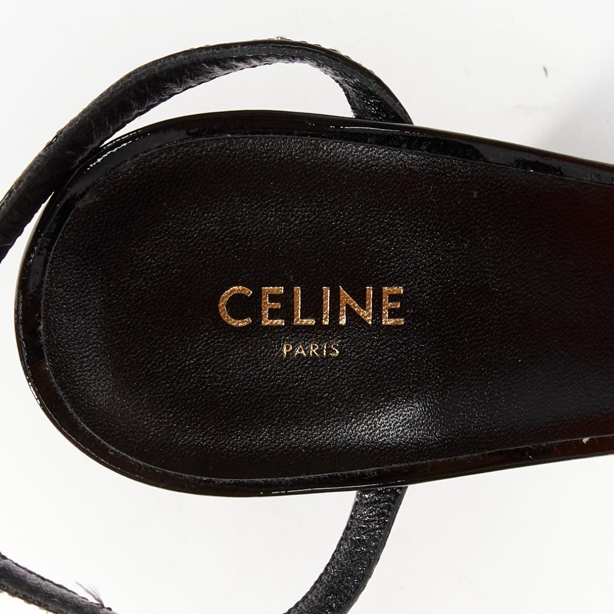 CELINE Hedi Slimane black patent leather silver crystals sandal heels EU38 For Sale 4