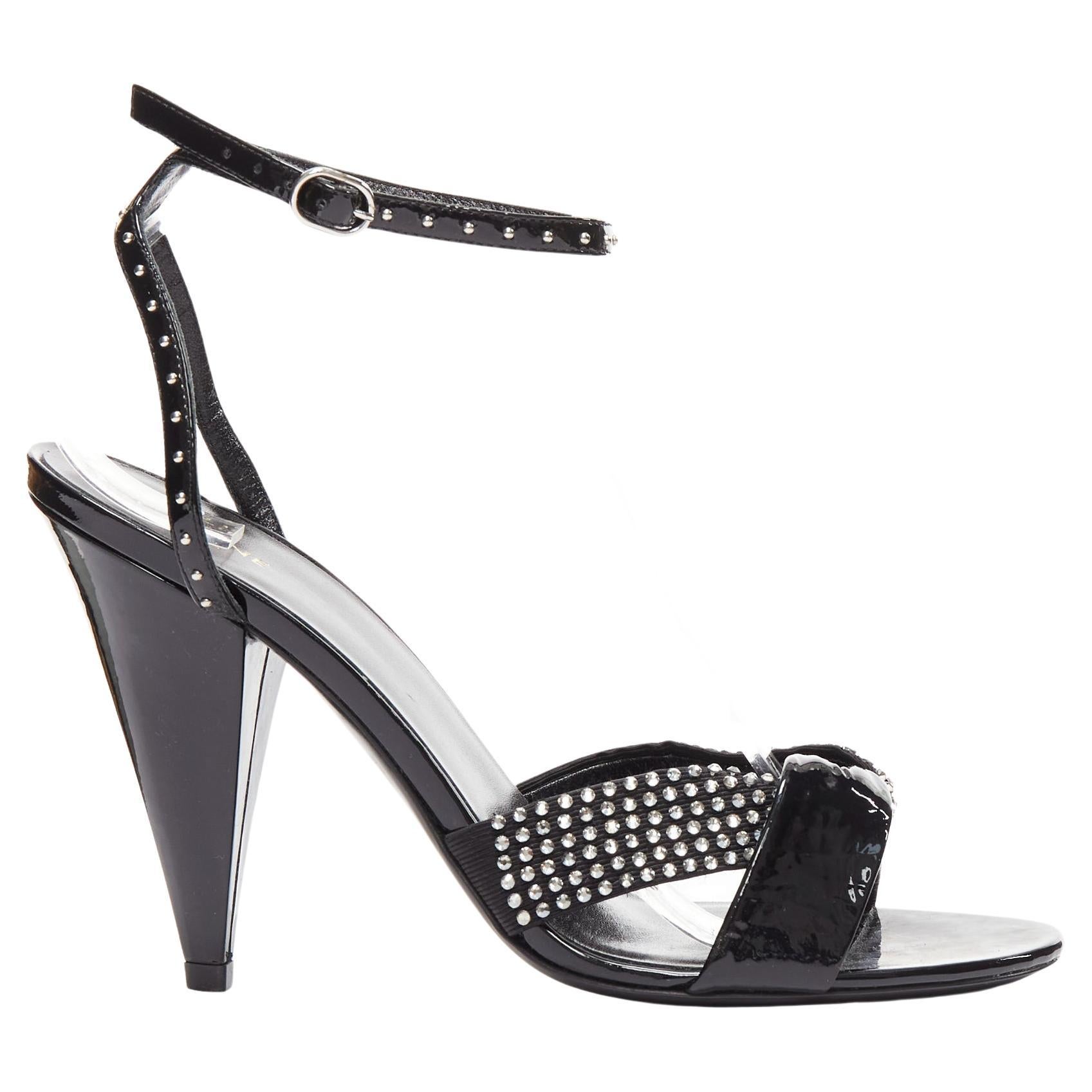 CELINE Hedi Slimane black patent leather silver crystals sandal heels EU38 For Sale