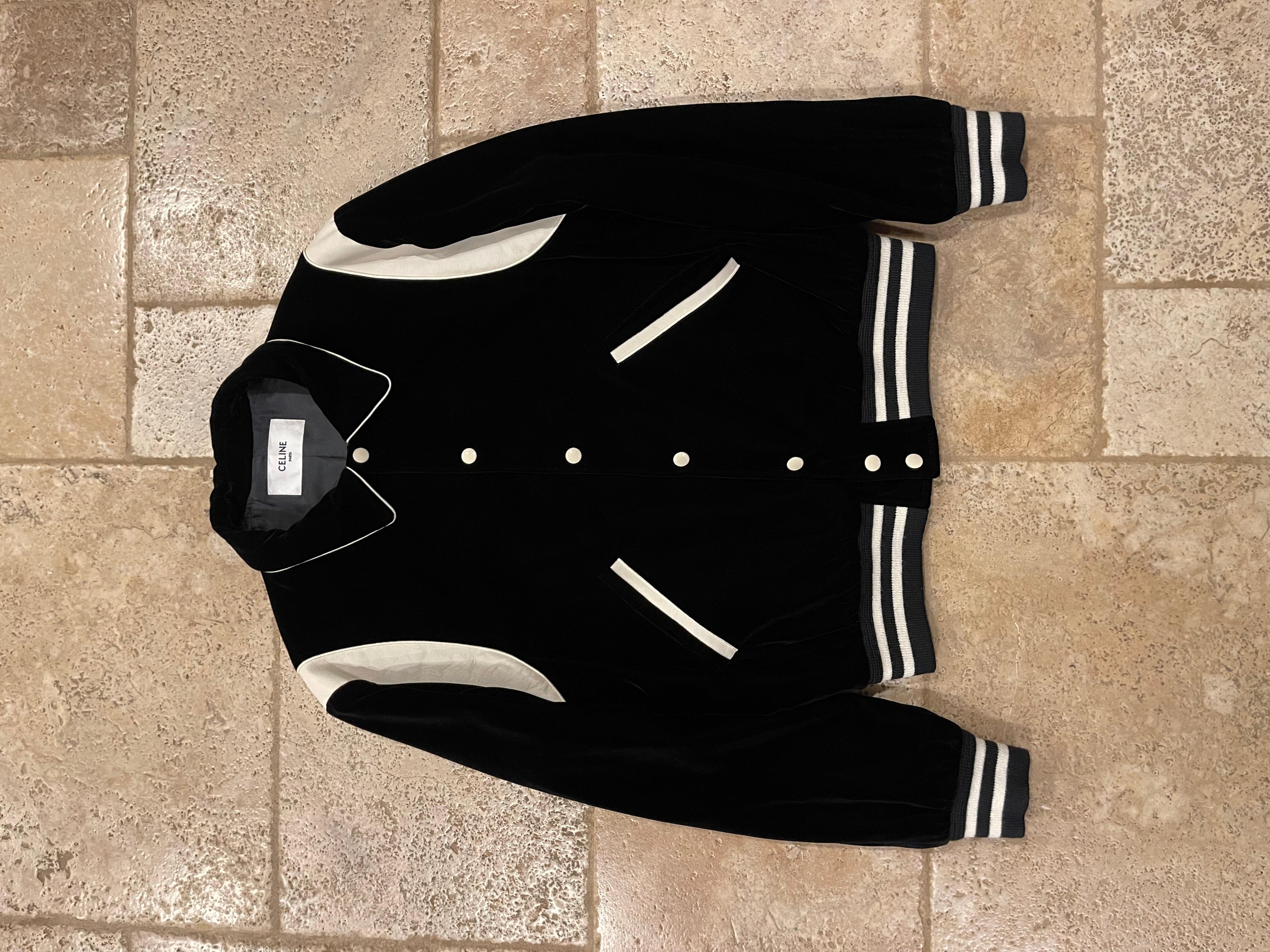 Celine Hedi Slimane Black Velvet Teddy Varsity Jacket RARE size 48 In Excellent Condition For Sale In Bear, DE