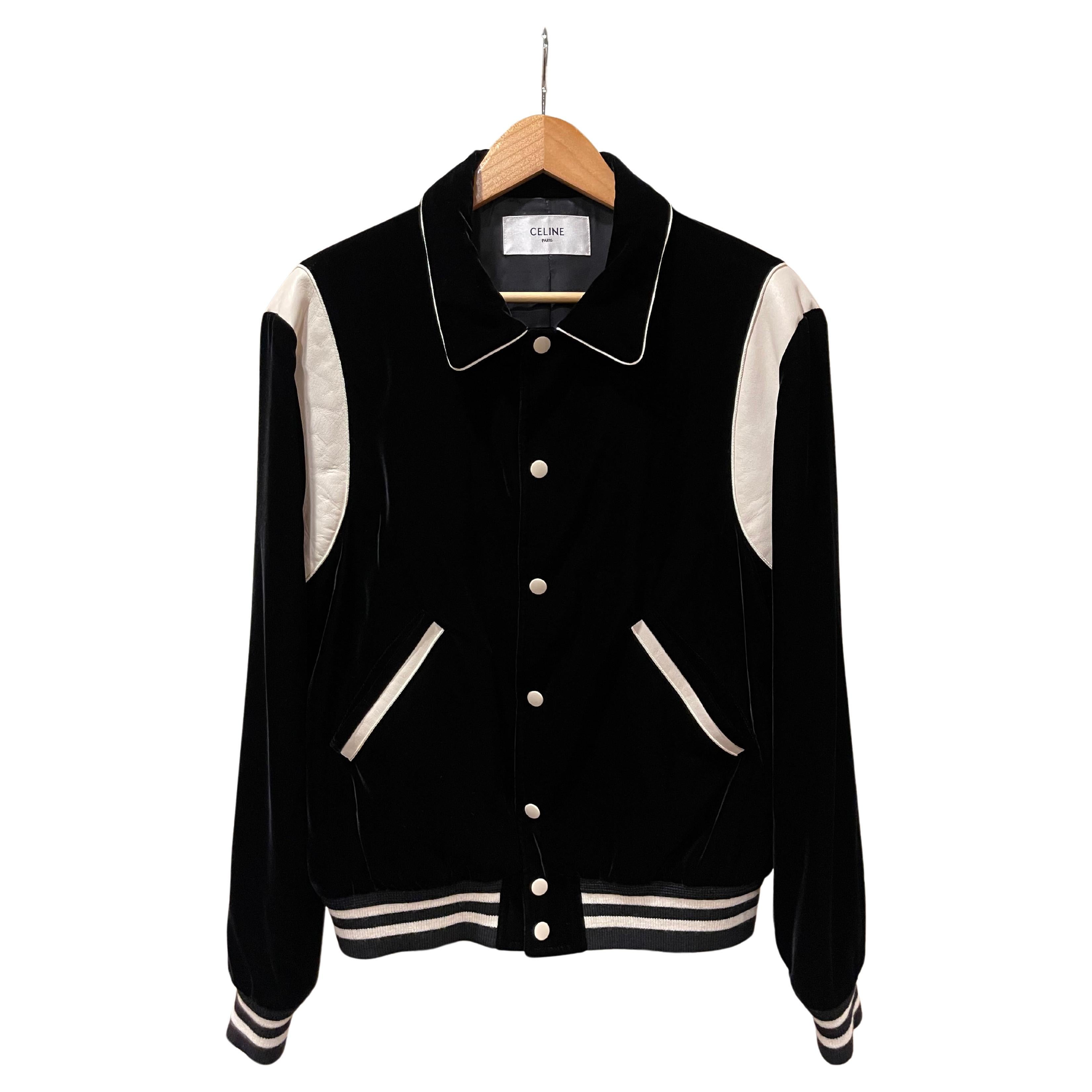 Celine Hedi Slimane Black Velvet Teddy Varsity Jacket RARE size 48 For Sale
