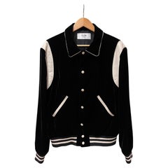 Celine Hedi Slimane Black Velvet Teddy Varsity Jacket RARE size 48