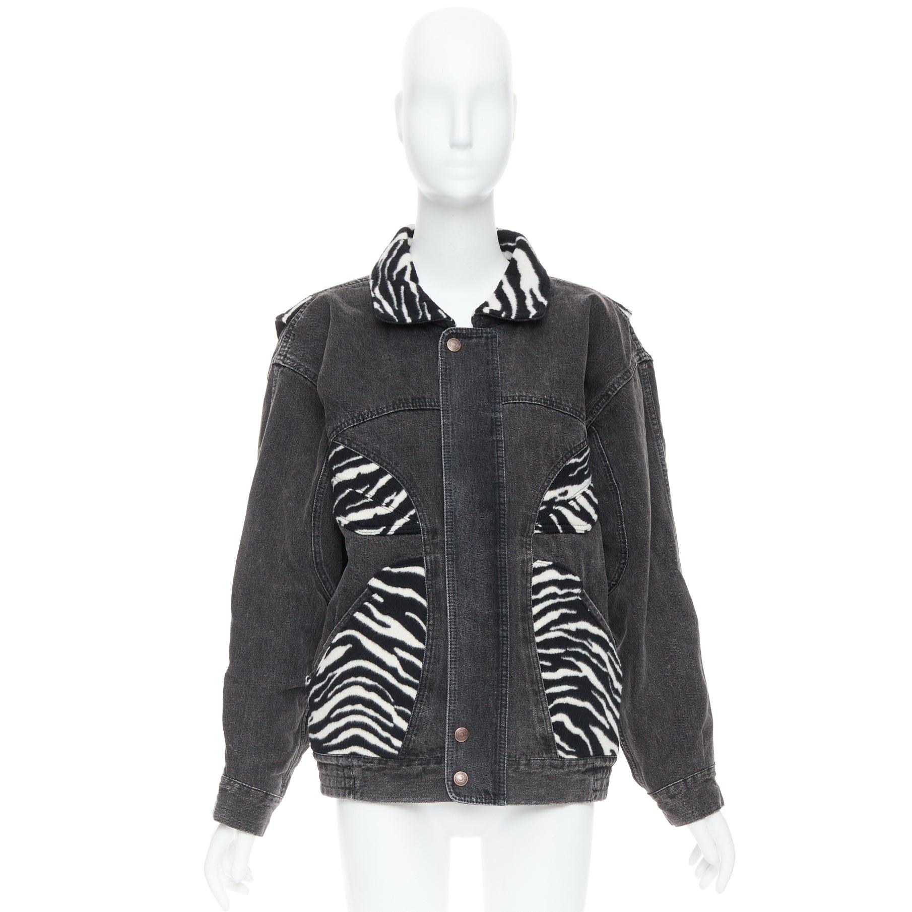 CELINE Hedi Slimane Giacca in denim con patch in lana zebrata bianca e nera S. in vendita 5